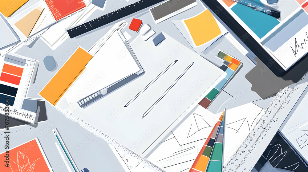 Flat lay of a messy workspace with design tools, papers, and a notebook. Flat lay of a messy workspace with design tools, papers, and a notebook.