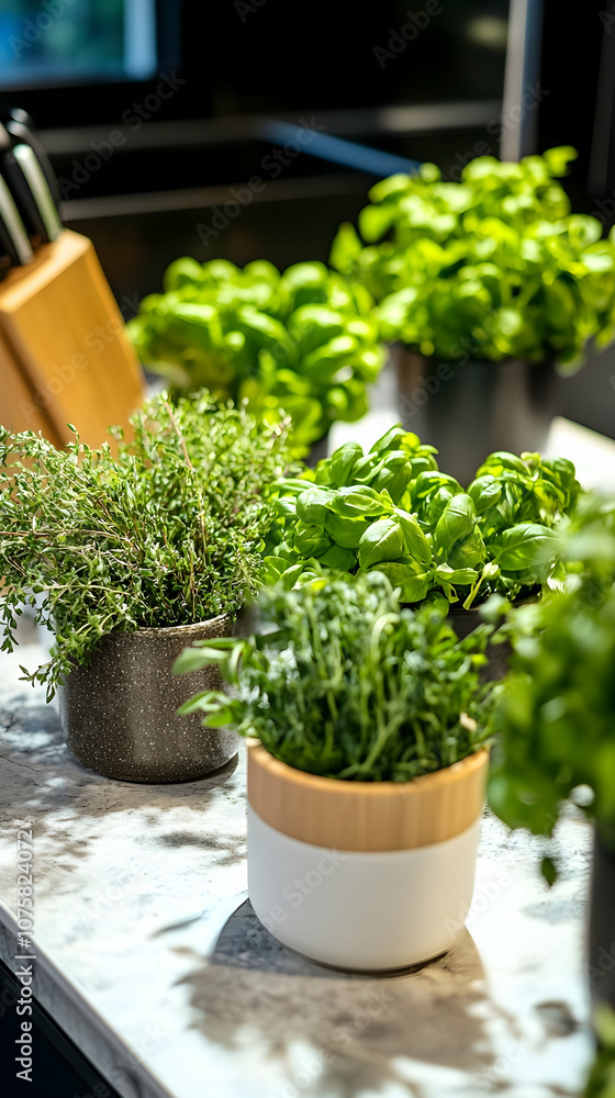 Fresh herbs in pots on kitchen counter. Fresh herbs in pots on kitchen counter.
