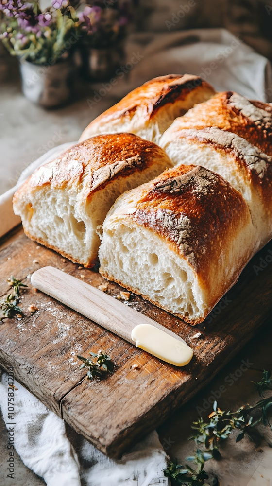 Freshly baked bread rolls on a wooden board with butter and herbs. Freshly baked bread rolls on a wooden board with butter and herbs.