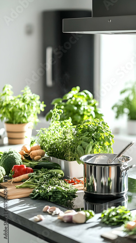 Fresh vegetables on a kitchen counter with a pot on a stovetop.