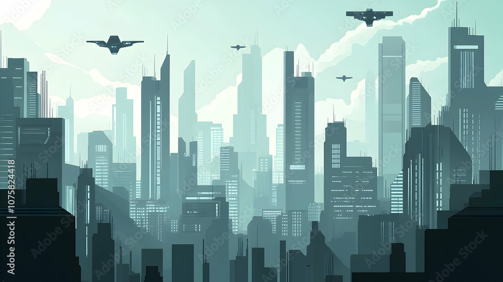 Futuristic city skyline with flying cars in the sky. Futuristic city skyline with flying cars in the sky.