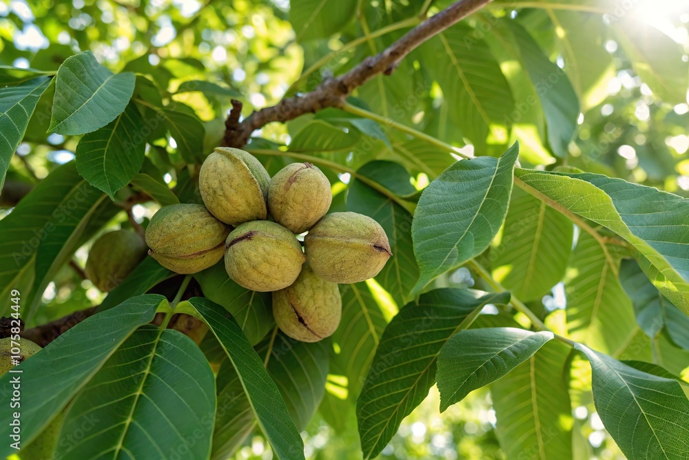 A cluster of fresh walnuts hanging from a tree branch, surrounded by lush green leaves and sunlight, foliage, branch, fall, autumn, outdoors