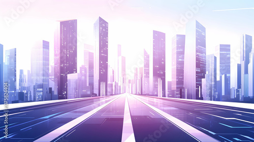 Futuristic city skyline with a highway leading into the distance.