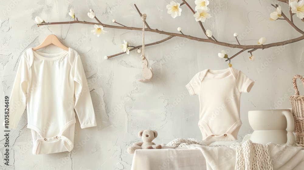 Decorative branches near a bright wall display baby bodysuits and toys, AI generated images Decorative branches near a bright wall display baby bodysuits and toys, AI generated images