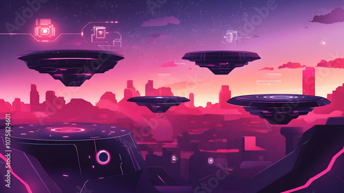 Futuristic cityscape with flying saucers against a pink sunset.