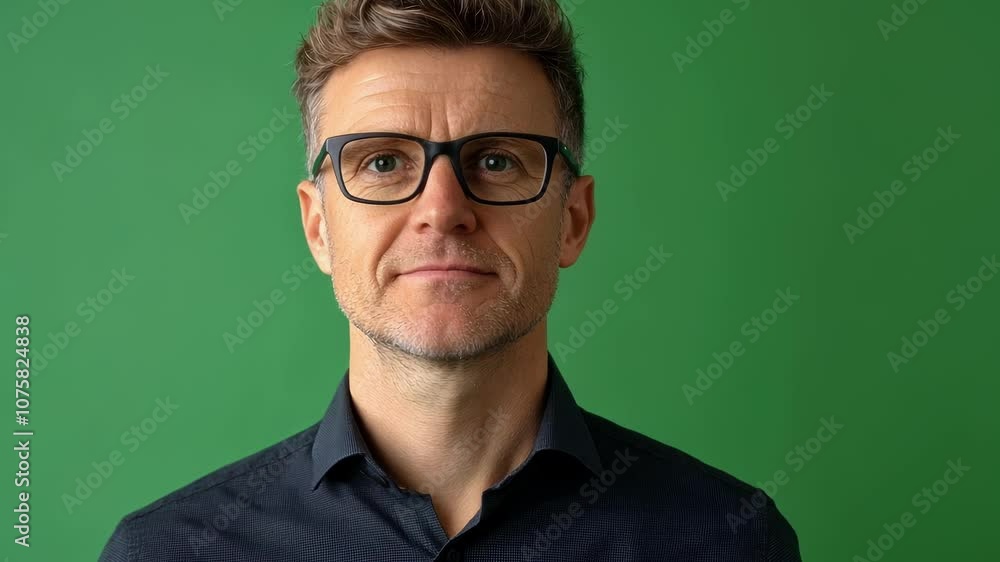 Middle aged businessman wearing glasses is posing on a green screen background, providing a versatile image for various projects and concepts Middle aged businessman wearing glasses is posing on a green screen background, providing a versatile image for various projects and concepts