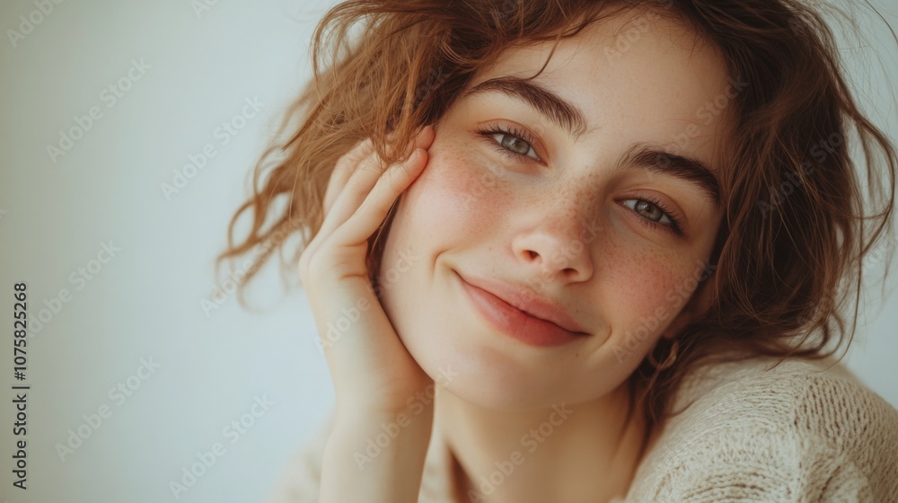 Woman with soft, glowing skin, gentle smile, hand resting on cheek, close-up, empty background, light minimalism, spacious feel. Woman with soft, glowing skin, gentle smile, hand resting on cheek, close-up, empty background, light minimalism, spacious feel.