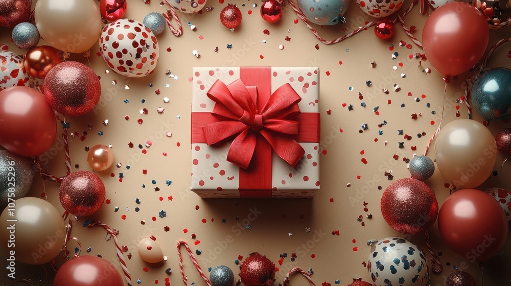 A gift box with a red bow surrounded by colorful balloons and confetti on a beige background. A gift box with a red bow surrounded by colorful balloons and confetti on a beige background.