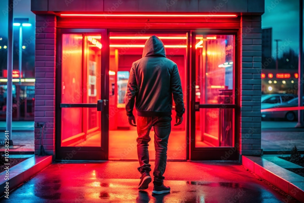 a person in a hoodie stands in front of a store with a red light a person in a hoodie stands in front of a store with a red light