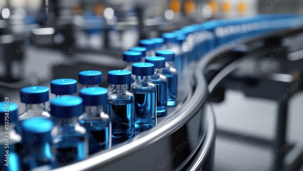 Closeup of Blue Vials on a Conveyor Belt in a Pharmaceutical Factory Closeup of Blue Vials on a Conveyor Belt in a Pharmaceutical Factory