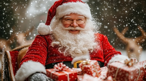 Portrait of Santa Claus holding Christmas gifts outdoors in snowfall