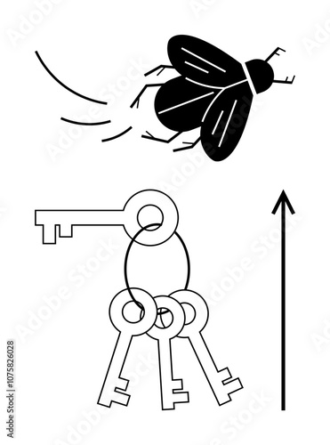 Black fly with flight path three linked retro keys upward arrow. Ideal for exploration, freedom, direction, unlocking, movement, growth, ambition. Line metaphor