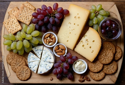 Overhead shot of an assorted cheese platter with various cheeses, grapes, crackers, and nuts, arranged on a rustic wooden board, perfect for a gourmet appetizer. Ai generated image.