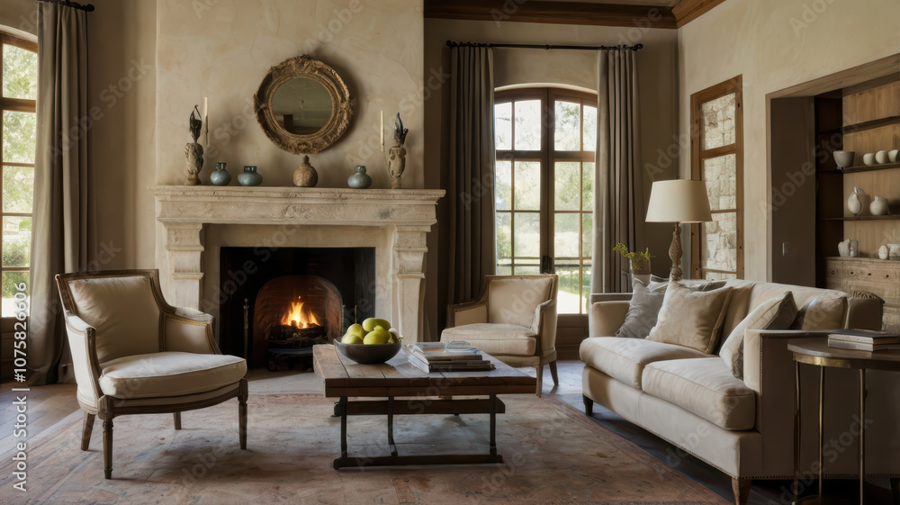 Fototapeta premium Elegant contemporary living room featuring cozy fireplace, two stylish chairs, and wooden coffee table. warm ambiance invites relaxation and comfort
