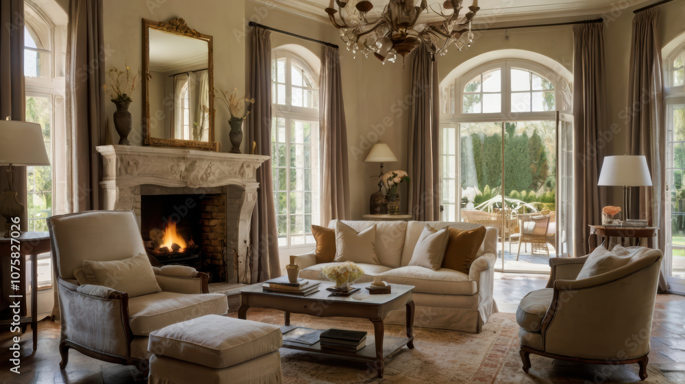 Inviting French country interior featuring elegant furniture, cozy fireplace, and large windows that bring in natural light, creating warm atmosphere Inviting French country interior featuring elegant furniture, cozy fireplace, and large windows that bring in natural light, creating warm atmosphere
