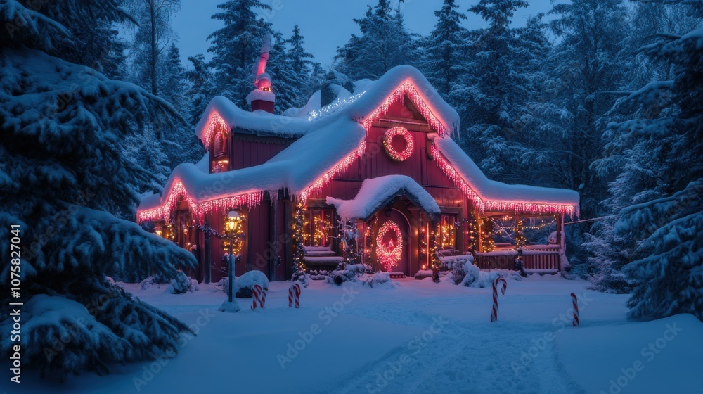 Santa's brightly lit house at the North Pole, decorated with Santa's brightly lit house at the North Pole, decorated with