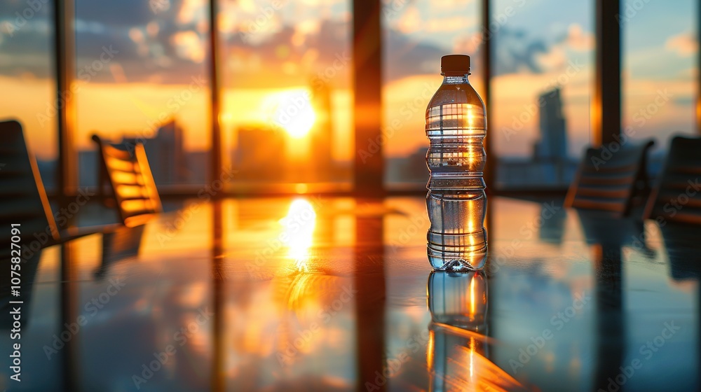 bottle of water on the table in office building with sunrise and cityscape background bottle of water on the table in office building with sunrise and cityscape background