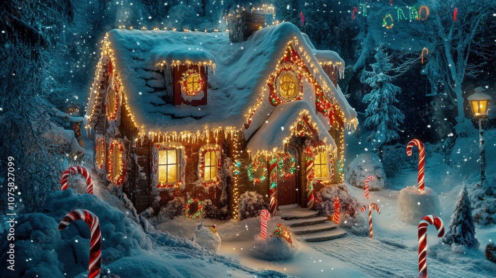 Fototapeta premium Santa's brightly lit house at the North Pole, decorated with