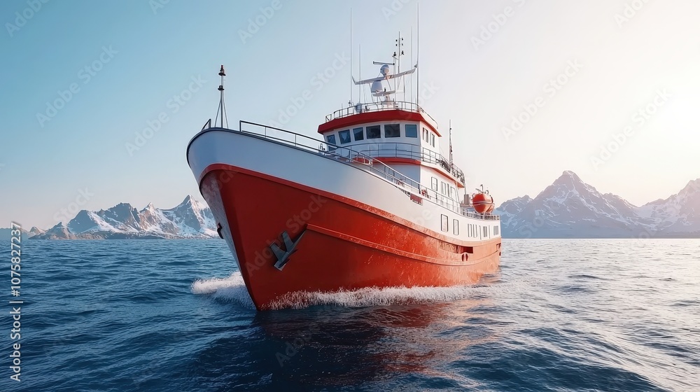 Red and White Fishing Boat Sailing in Open Ocean with Snowy Mountains in Background Red and White Fishing Boat Sailing in Open Ocean with Snowy Mountains in Background