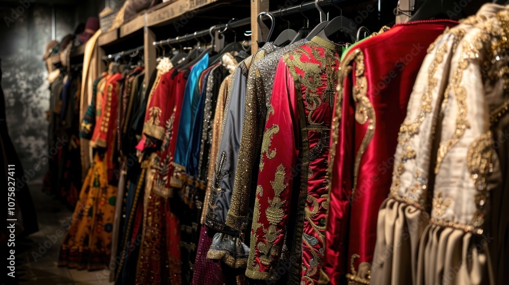 Collection of theater costumes on shelves, AI generated image Collection of theater costumes on shelves, AI generated image