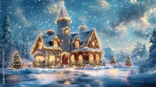 Santa's home at the North Pole, a magical house glowing