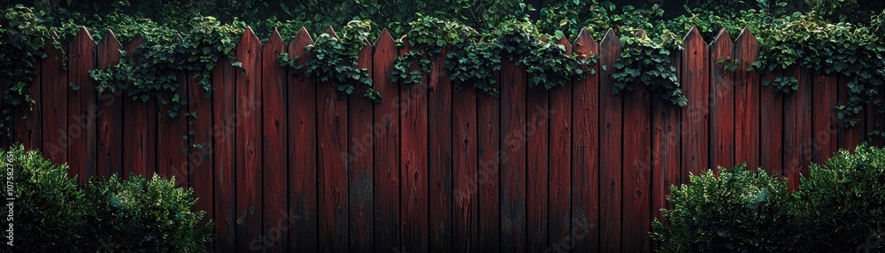 Rustic Red Wooden Fence with Lush Green Ivy Background Rustic Red Wooden Fence with Lush Green Ivy Background