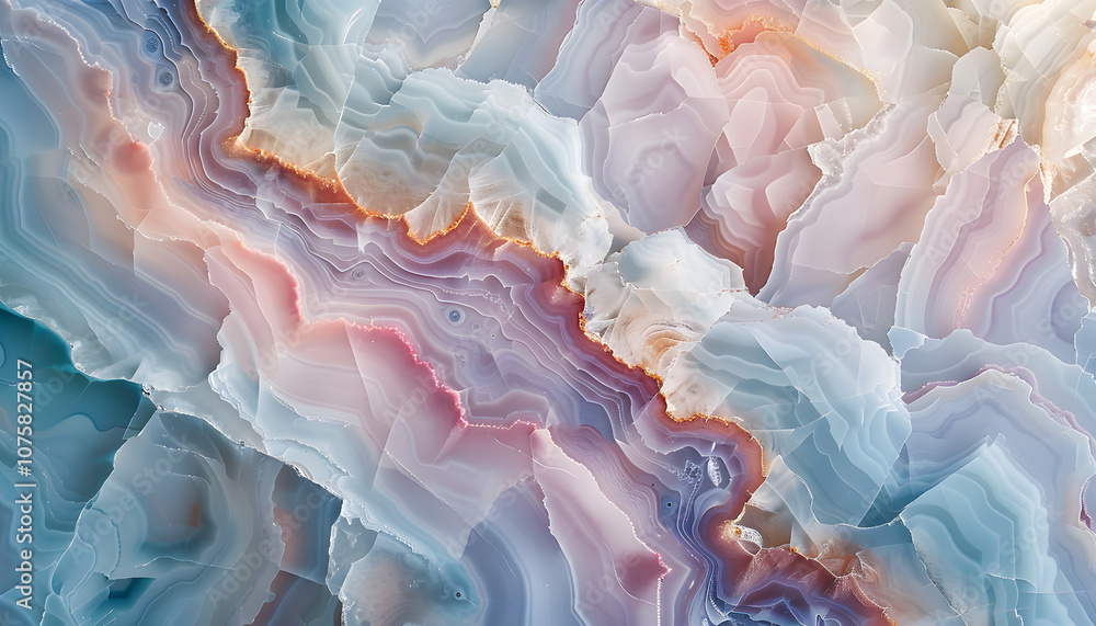 A stunning close-up of agate stone showcasing swirling patterns in soft pastel colors with hints of coral and blue tones.
