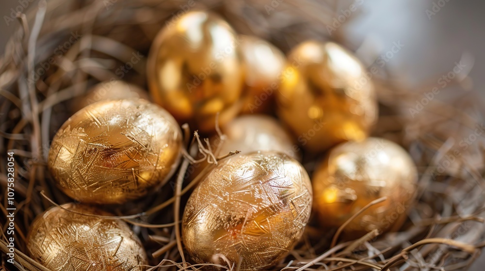 Golden easter eggs in nest on bokeh lights background. Business. Golden easter eggs in nest on bokeh lights background. Business.