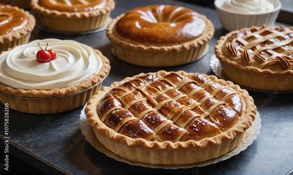 A variety of pies are displayed on a table, ready for sale or consumption A variety of pies are displayed on a table, ready for sale or consumption