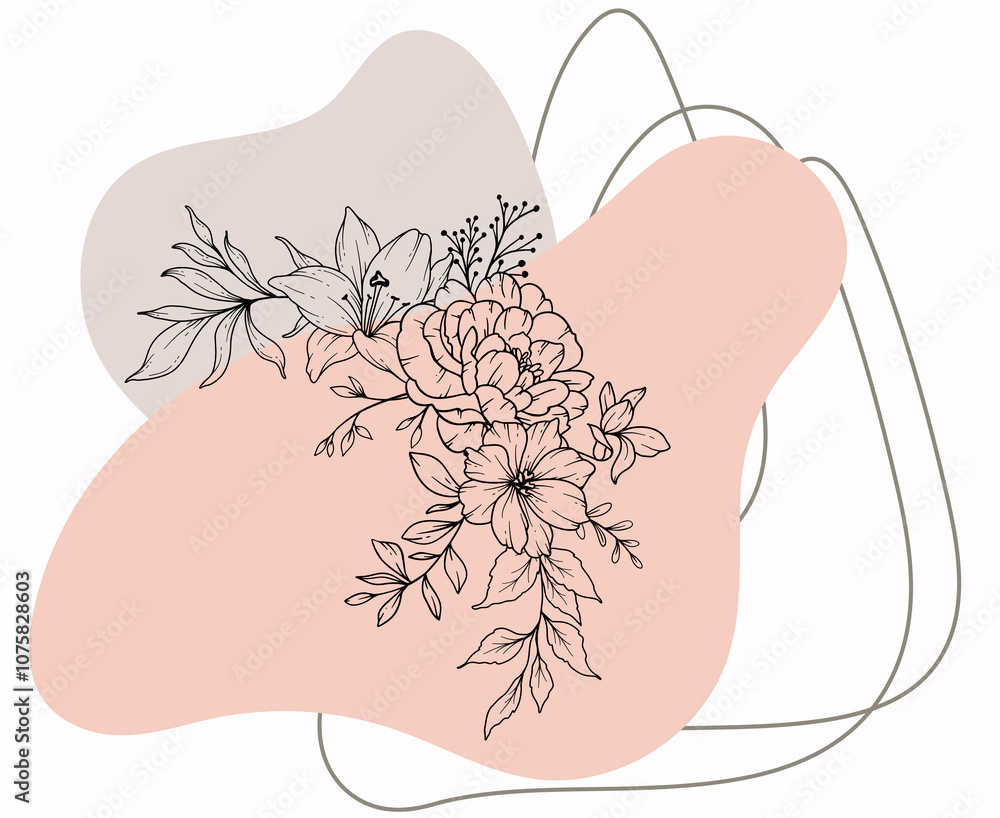 Line art flowers and leaves with abstract shapes in light grey-brown and light pink-orange colours with a white background Line art flowers and leaves with abstract shapes in light grey-brown and light pink-orange colours with a white background