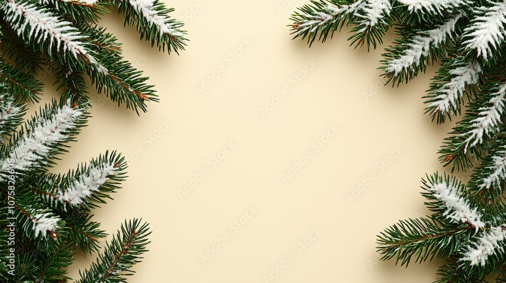 Festive Christmas Background Snow Covered Pine Branches on Beige Festive Christmas Background Snow Covered Pine Branches on Beige