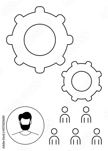 Large and small gears a profile of a man, and five people figures. Ideal for teamwork, collaboration, leadership, management, organization, productivity, and industry. Line metaphor photo