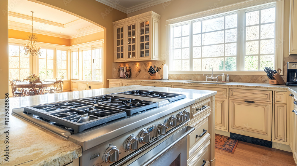 Modern kitchen island with gas stovetop and oven, featuring a granite countertop, a large window, and a view into the dining room. Modern kitchen island with gas stovetop and oven, featuring a granite countertop, a large window, and a view into the dining room.