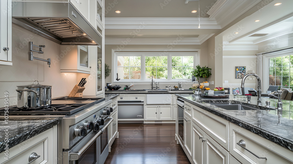 Modern kitchen with stainless steel appliances, white cabinets, and granite countertops. Modern kitchen with stainless steel appliances, white cabinets, and granite countertops.