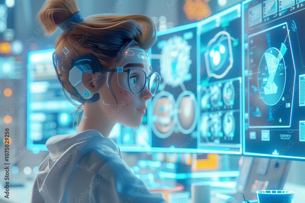 Cartoon Woman Mechanical engineer working in futuristic robotic technology room for research and develop for manufacturing automation. Cartoon Woman Mechanical engineer working in futuristic robotic technology room for research and develop for manufacturing automation.