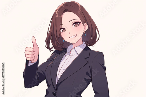 笑顔でいいねのポーズをしているスーツを着た女性のイラスト