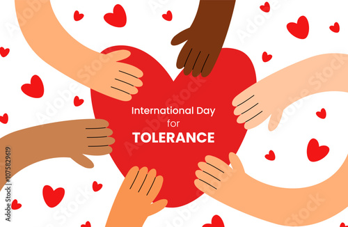 International Day for Tolerance. Heart and hands of different skin tones of multiethnic races. Multiracial people. Flat vector illustration