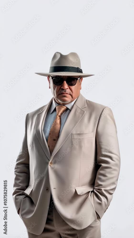 Wealthy mature Latin American man wearing dark sunglasses posing on white background Wealthy mature Latin American man wearing dark sunglasses posing on white background