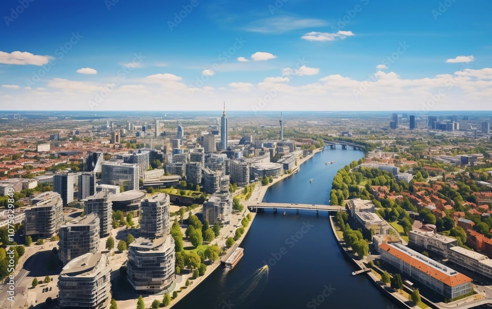 Obraz premium Aerial view of a modern city with a river, showcasing urban architecture and greenery.