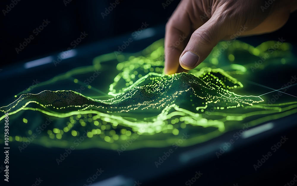 A hand interacts with a vibrant, illuminated digital landscape, showcasing a 3D representation of data through glowing points and fluid contours. A hand interacts with a vibrant, illuminated digital landscape, showcasing a 3D representation of data through glowing points and fluid contours.