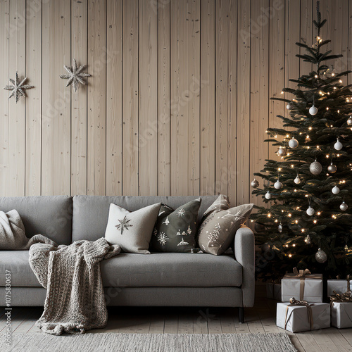 Fototapeta Naklejka Na Ścianę i Meble -  3d render background of the christmas living room decorated wall  and big x'mas tree next to the grey  sofa 