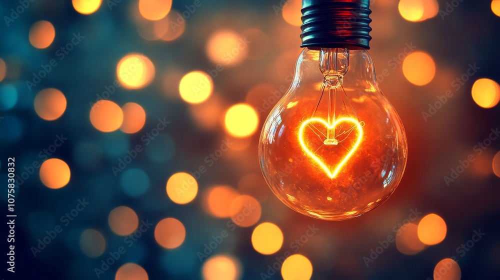 Glowing light bulb with heart-shaped filament against bokeh background. Warm ambiance and creativity concept Glowing light bulb with heart-shaped filament against bokeh background. Warm ambiance and creativity concept
