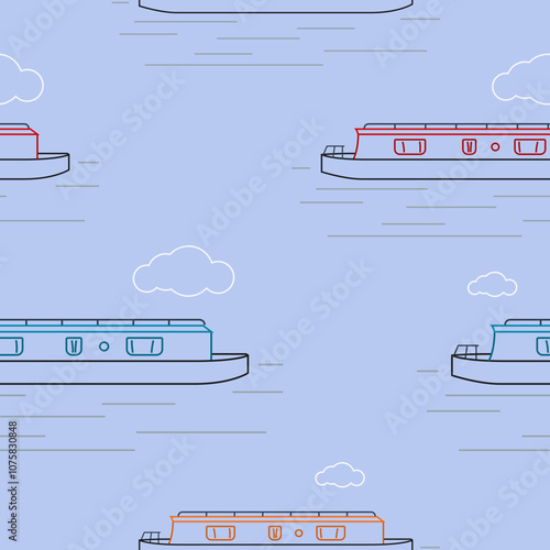Editable Various Colors Side View Outline Narrow Boat Vector Illustration with Clouds Seamless Pattern for Creating Background of Recreation Transportation of United Kingdom or Europe Related Design