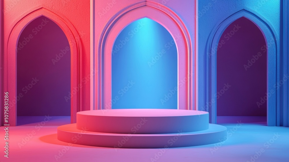 Two-Tiered Round Platform with Arched Walls and Neon Lighting Two-Tiered Round Platform with Arched Walls and Neon Lighting