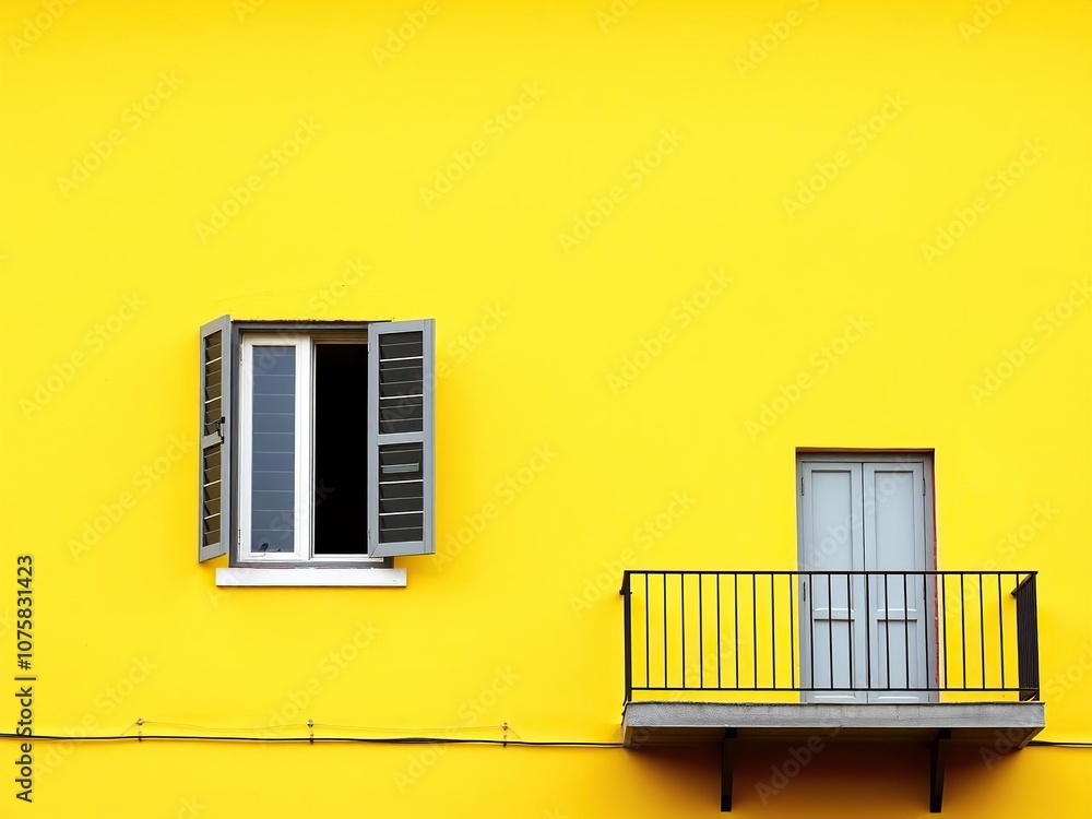 Obraz premium A lone window on a sunny yellow wall stands out with a balcony nestled beside it, sunlit yellow, yellow wall window balcony, garden views