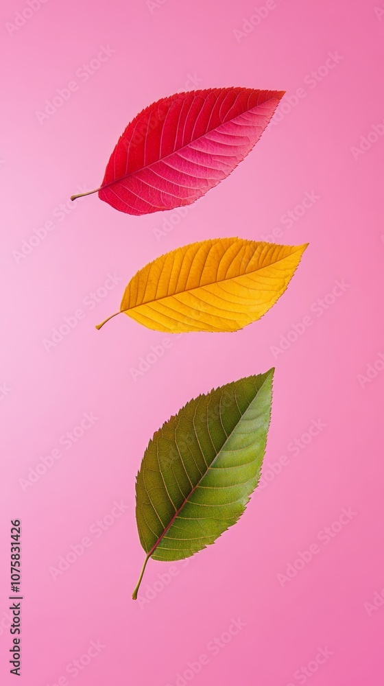 Obraz premium Three colorful autumn leaves on pink background