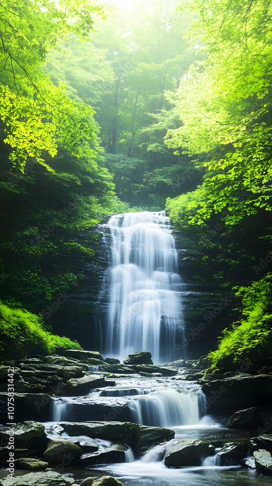 Obraz premium Tranquil waterfall cascading through lush green forest.
