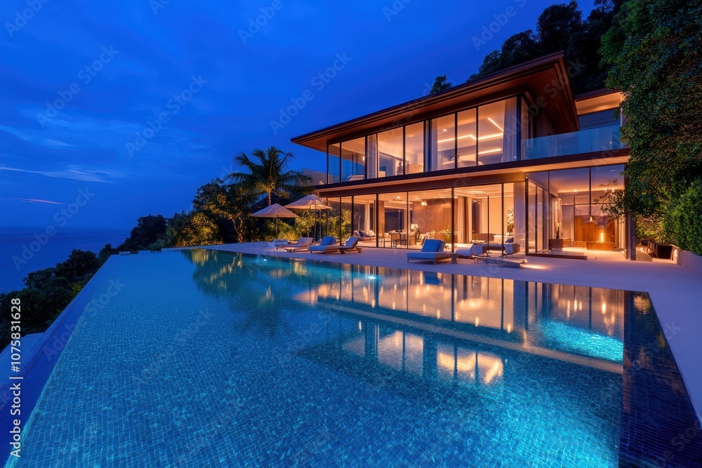 Sunset Serenity: Modern House with Spacious Clear Swimming Pool Sunset Serenity: Modern House with Spacious Clear Swimming Pool