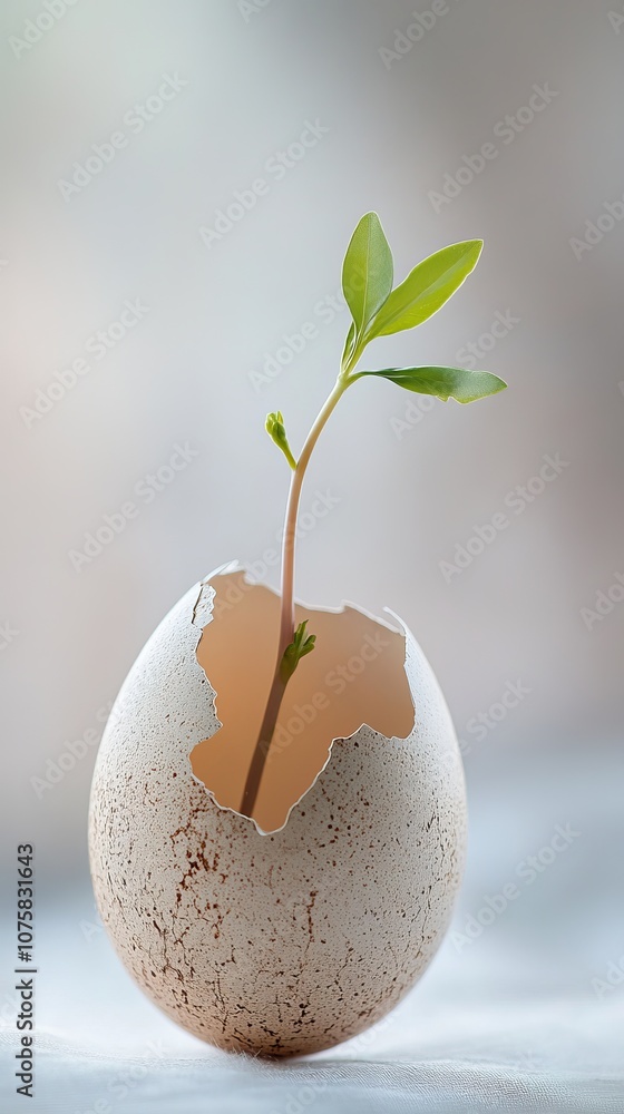 Plant sprout growing from egg shell, symbol of new life and growth Plant sprout growing from egg shell, symbol of new life and growth