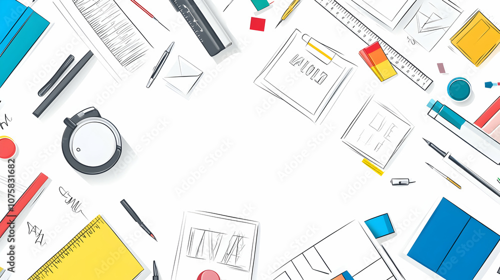 White background with office supplies and design sketches around the edge of the frame, leaving space in the center for text. White background with office supplies and design sketches around the edge of the frame, leaving space in the center for text.